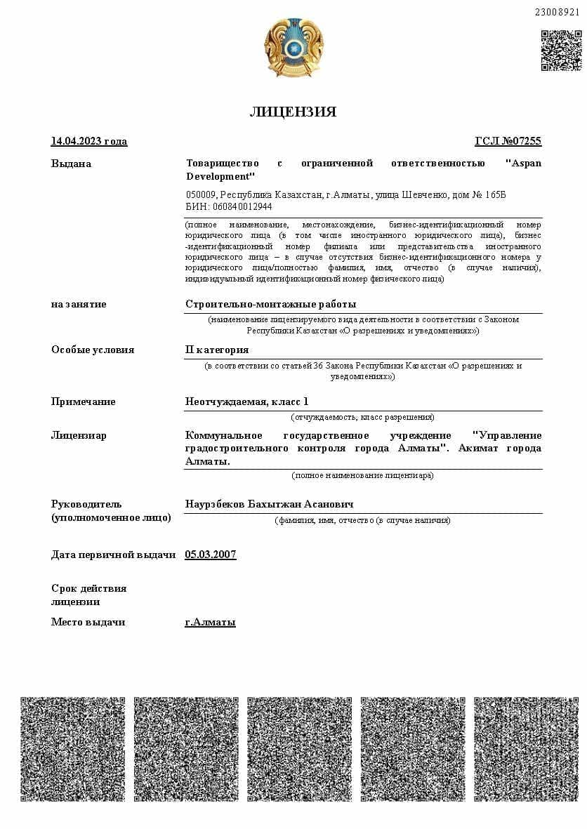 Aspan-development лицензии и благодарственные письма